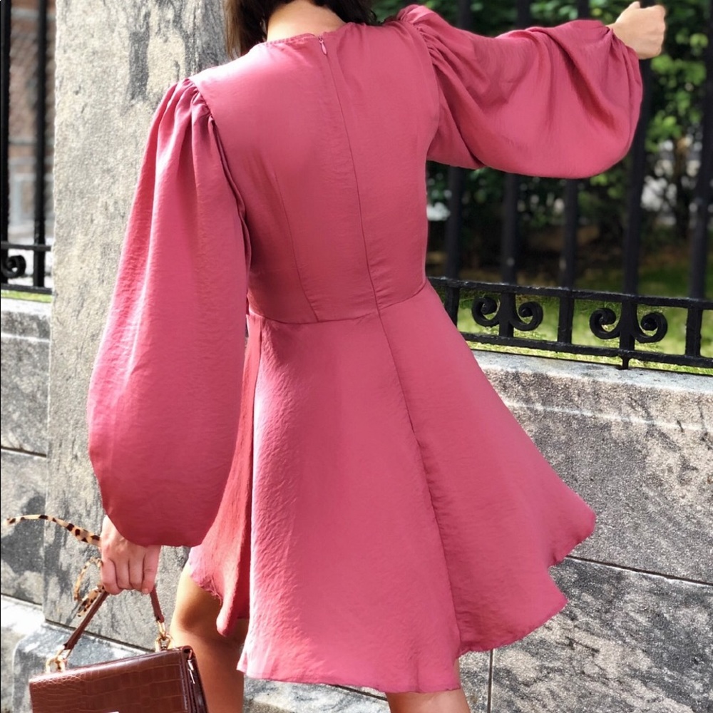 Wore once! Rose Pink Satin Puff Sleeve Dress - Picture 3 of 9